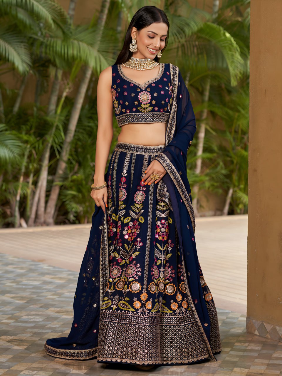 Navy Blue Color Designer Georgette Lehenga Choli