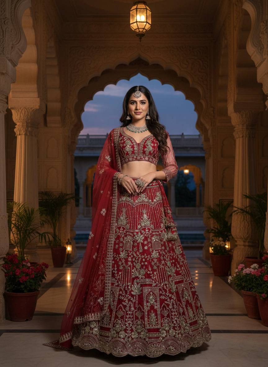 Red Color Designer Soft Net Lehenga Choli with Sequins Work