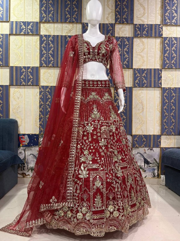 Red Color Designer Soft Net Lehenga Choli with Sequins Work