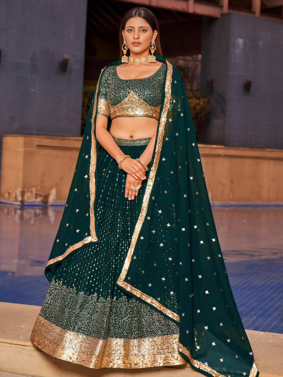Green Color Georgette Sequins Embroidery Designer Lehenga Choli