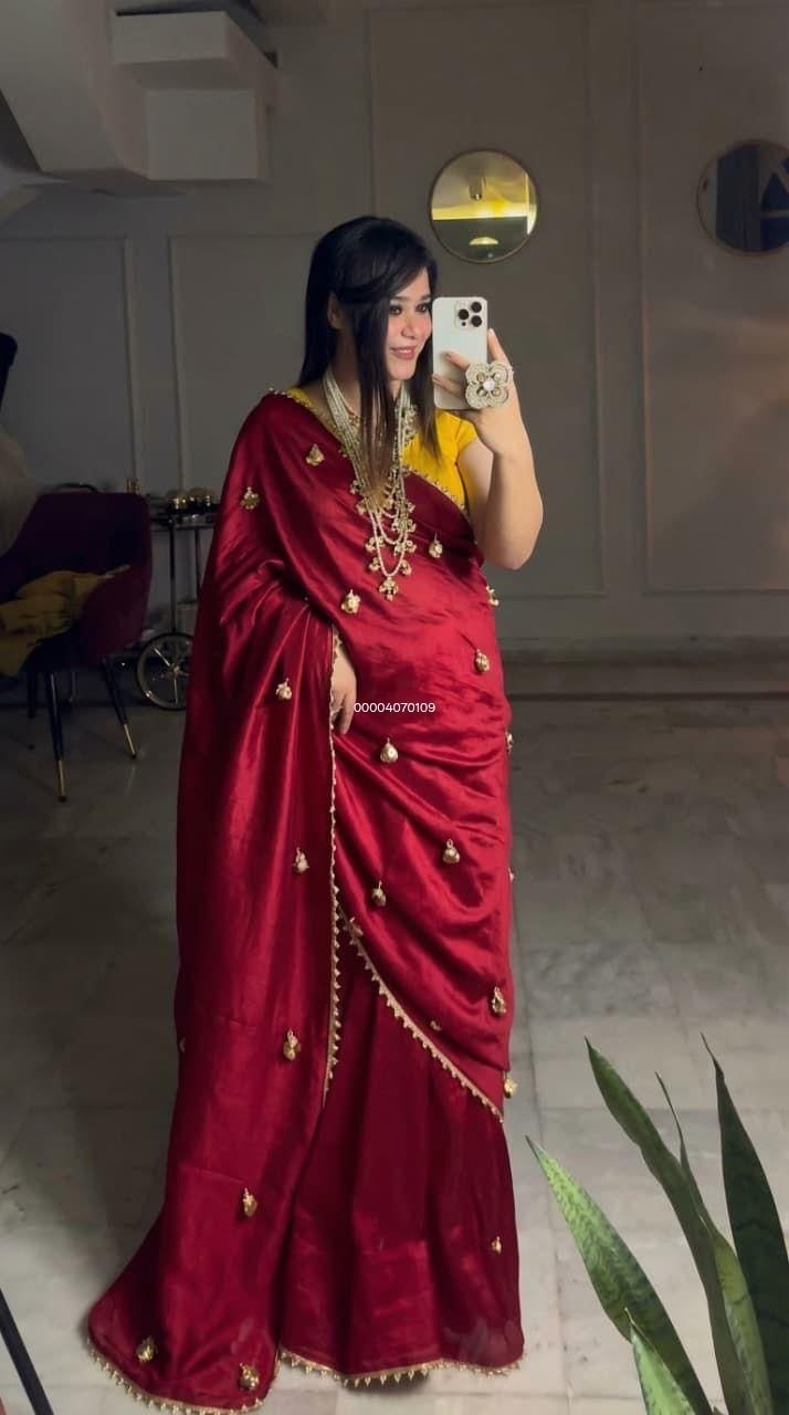 Red Color Soft Chinnon Shiny Saree with Contrast Blouse