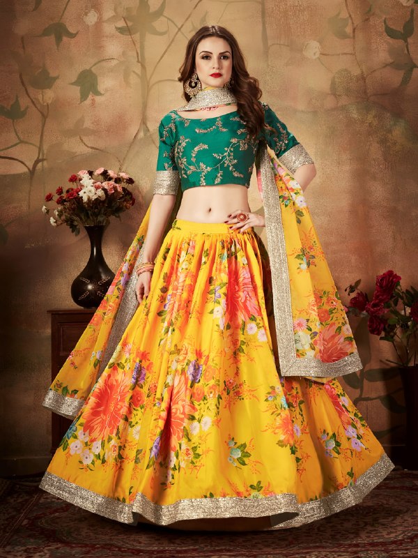 Yellow Floral Organza Lehenga Choli with Green Embroidered Blouse Designer Wedding & Festive Wear Lehenga Set