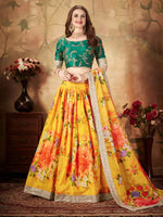 Yellow Floral Organza Lehenga Choli with Green Embroidered Blouse Designer Wedding & Festive Wear Lehenga Set