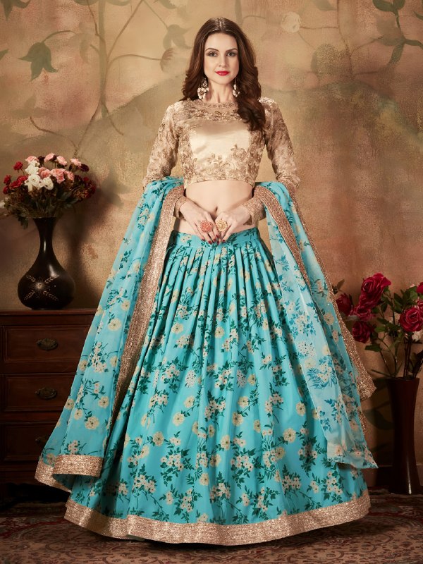 Sky Blue Floral Organza Lehenga Choli with Golden Embroidered Blouse