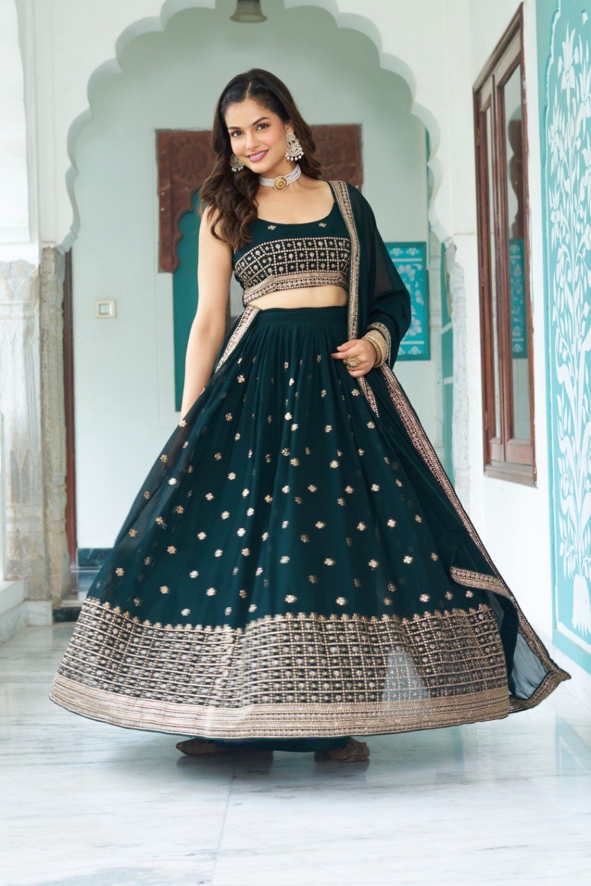 Green Lehenga Choli Set with Heavy Embroidery Wedding Wear Collection