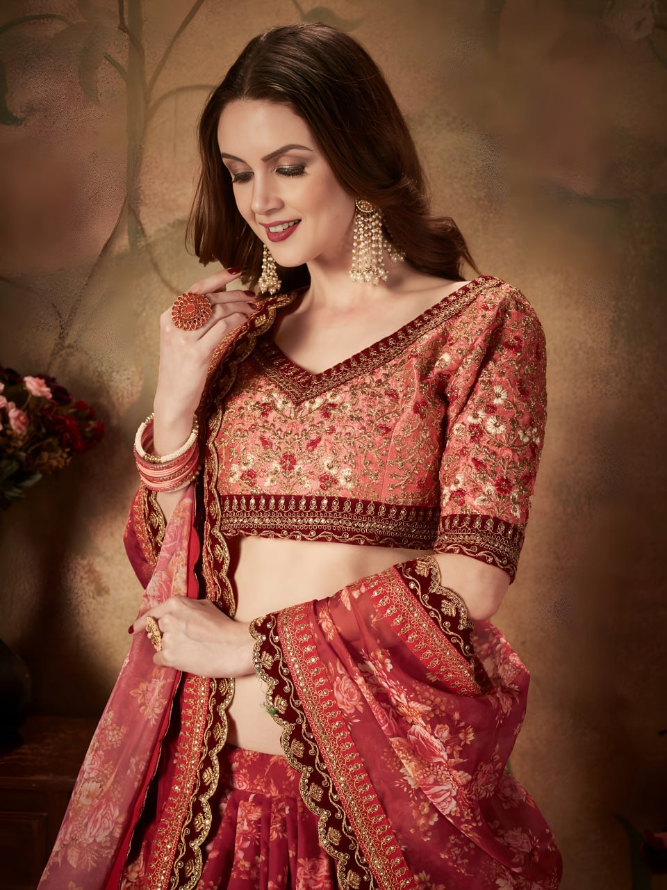 Red Floral Organza Lehenga Choli with Embroidered Peach Blouse