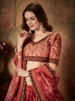 Red Floral Organza Lehenga Choli with Embroidered Peach Blouse