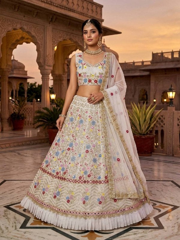 White Fox Georgette Lehenga Choliwith Real Mirror & Sequins Work