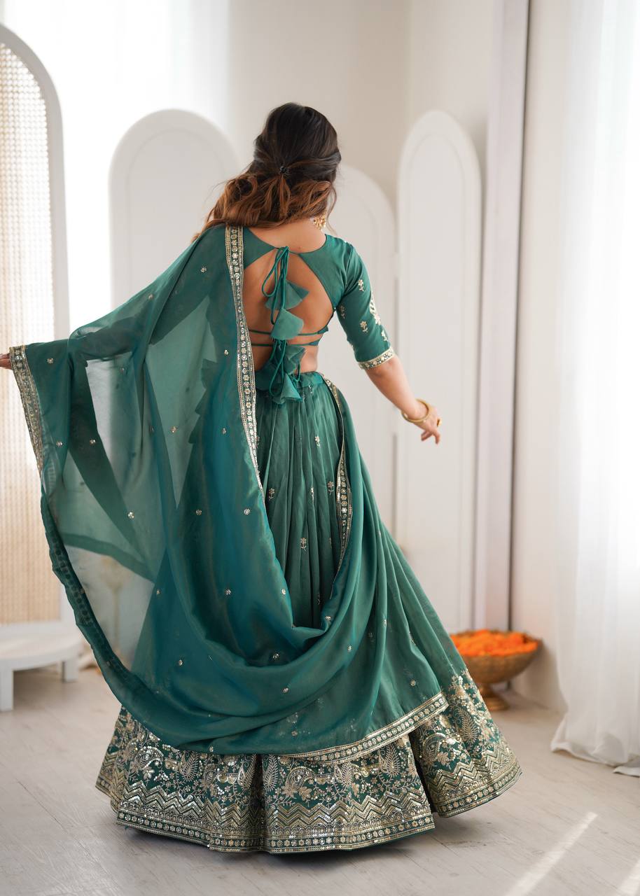 Rama Green Heavy Shimmer Silk with Thread & Sequins Work Lehenga Choli