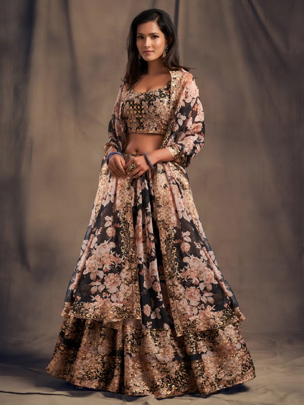 Black Floral Printed Designer Lehenga Choli for Wedding & Festive Wear