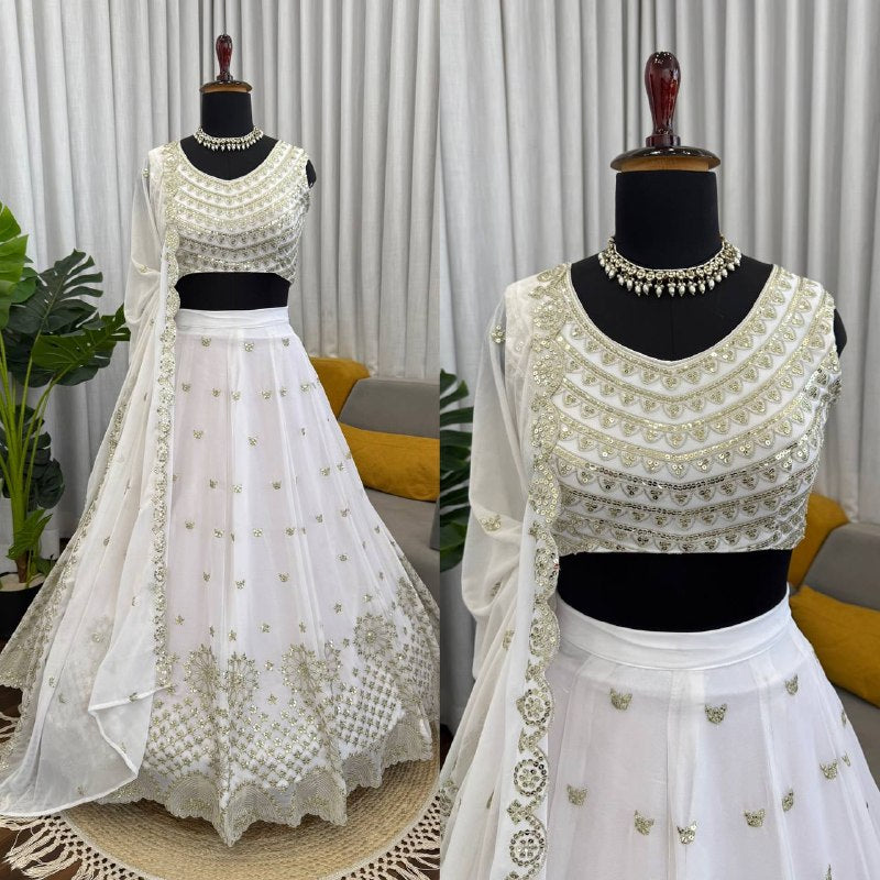 Designer White Faux Georgette Lehenga Choli with Heavy Flair & Dupatta