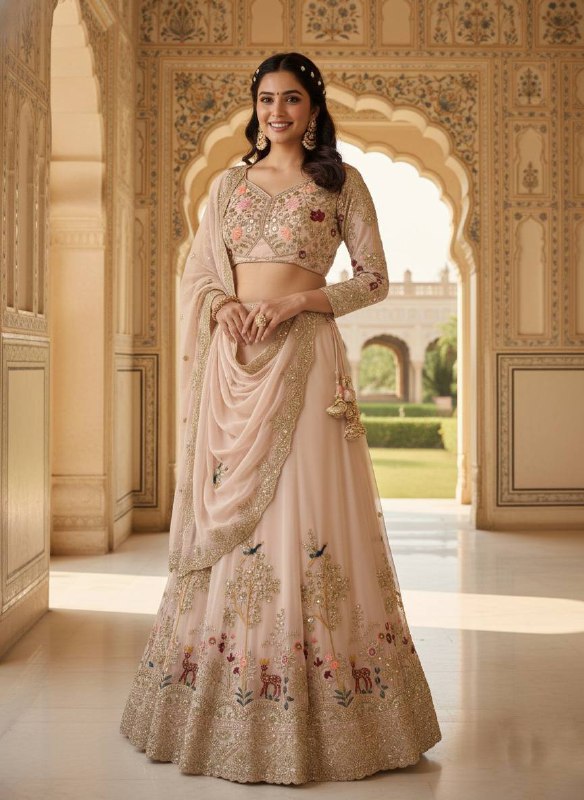 Cream Faux Georgette Lehenga Choli with Sequins Embroidery Party Wear Lehenga