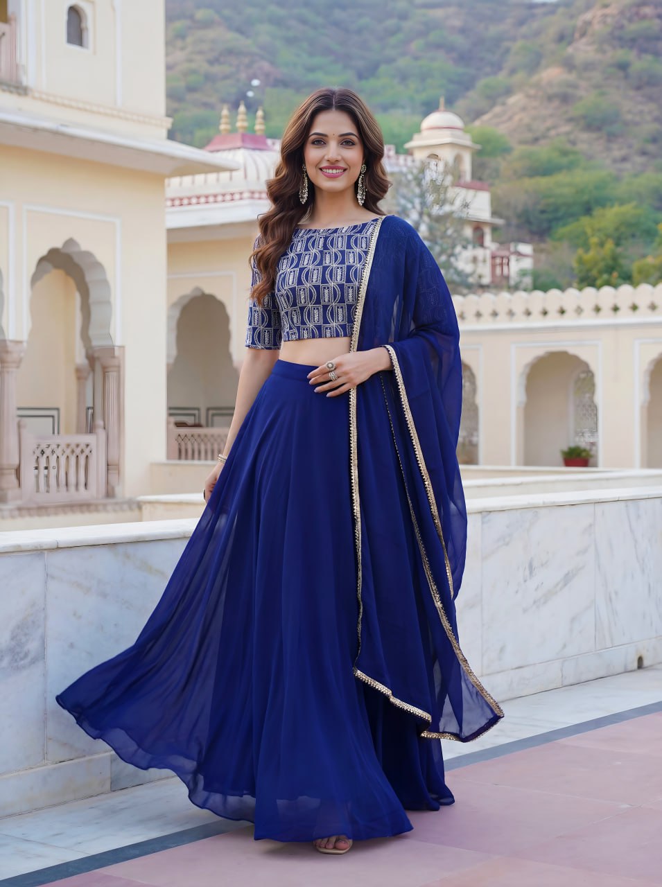 Stunning Blue Sequins Georgette Party Wear Lehenga Choli With Dupatta