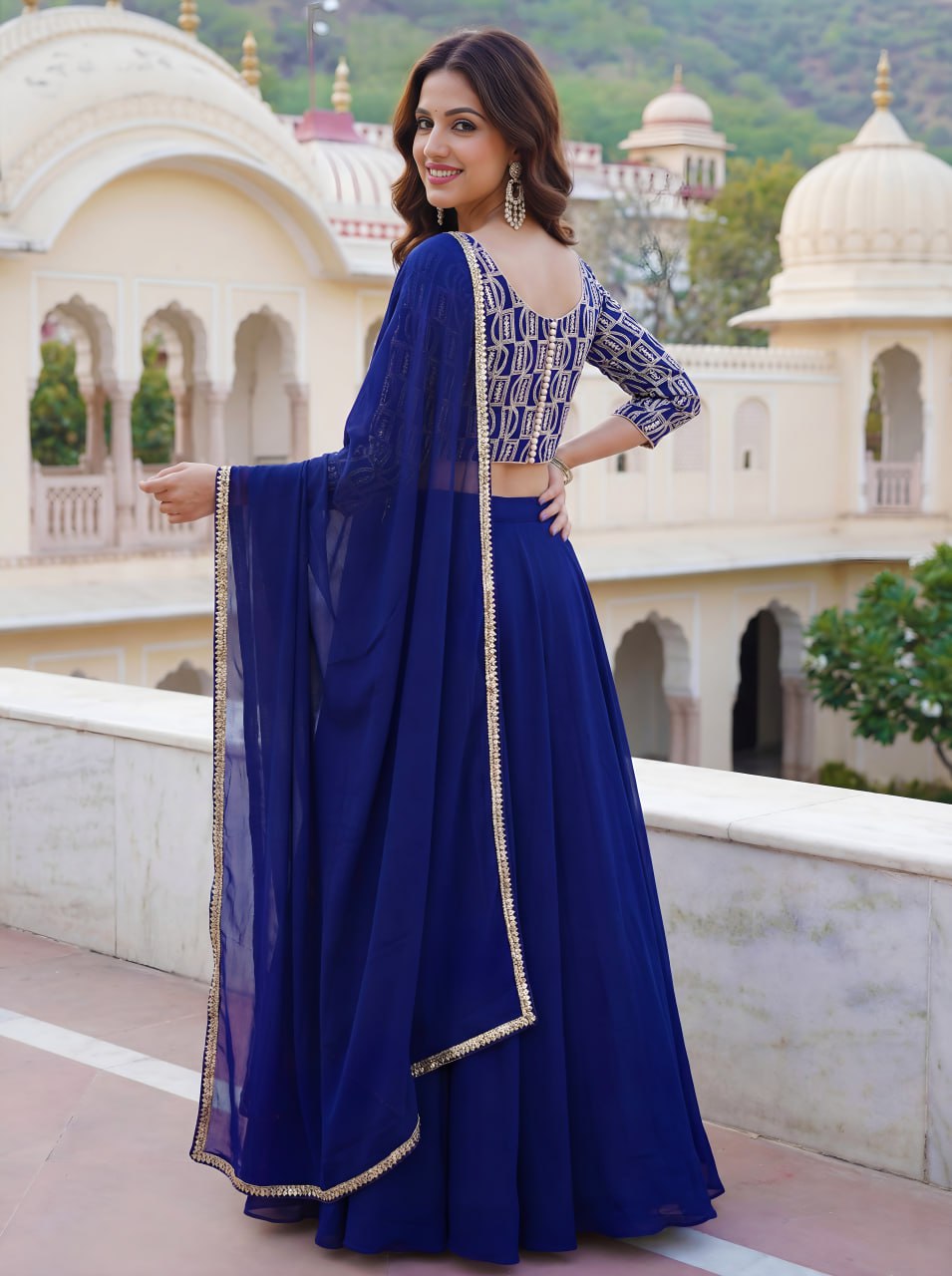 Stunning Blue Sequins Georgette Party Wear Lehenga Choli With Dupatta