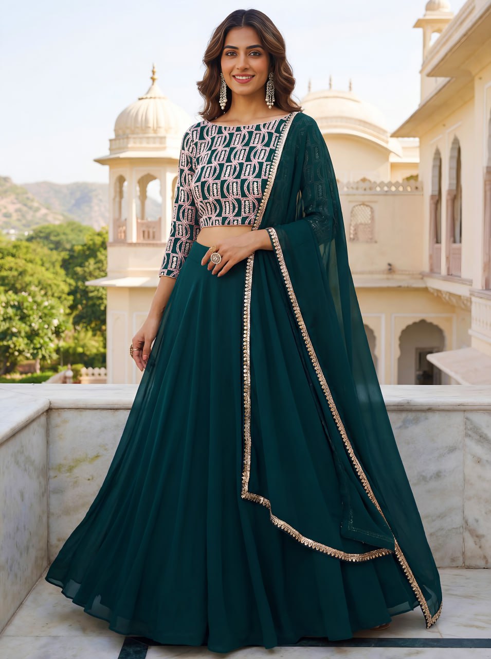Stunning Green Sequins Georgette Party Wear Lehenga Choli With Dupatta