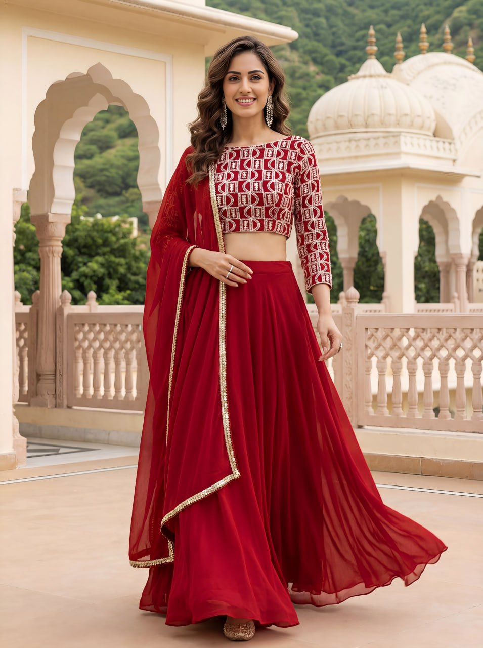 Stunning Red Sequins Georgette Party Wear Lehenga Choli With Dupatta