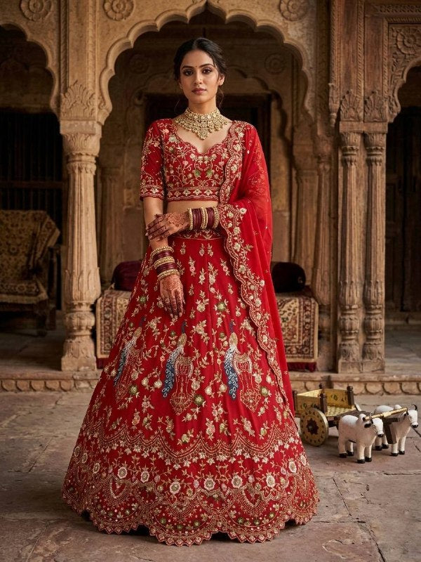 Red Faux Georgette Embroidered Lehenga Choli for Women