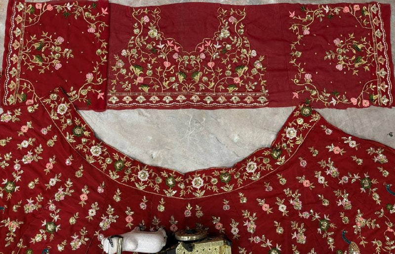 Red Faux Georgette Embroidered Lehenga Choli for Women
