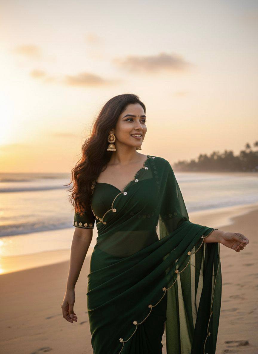 Green Color Designer FauxGeorgette with Hand Work Saree