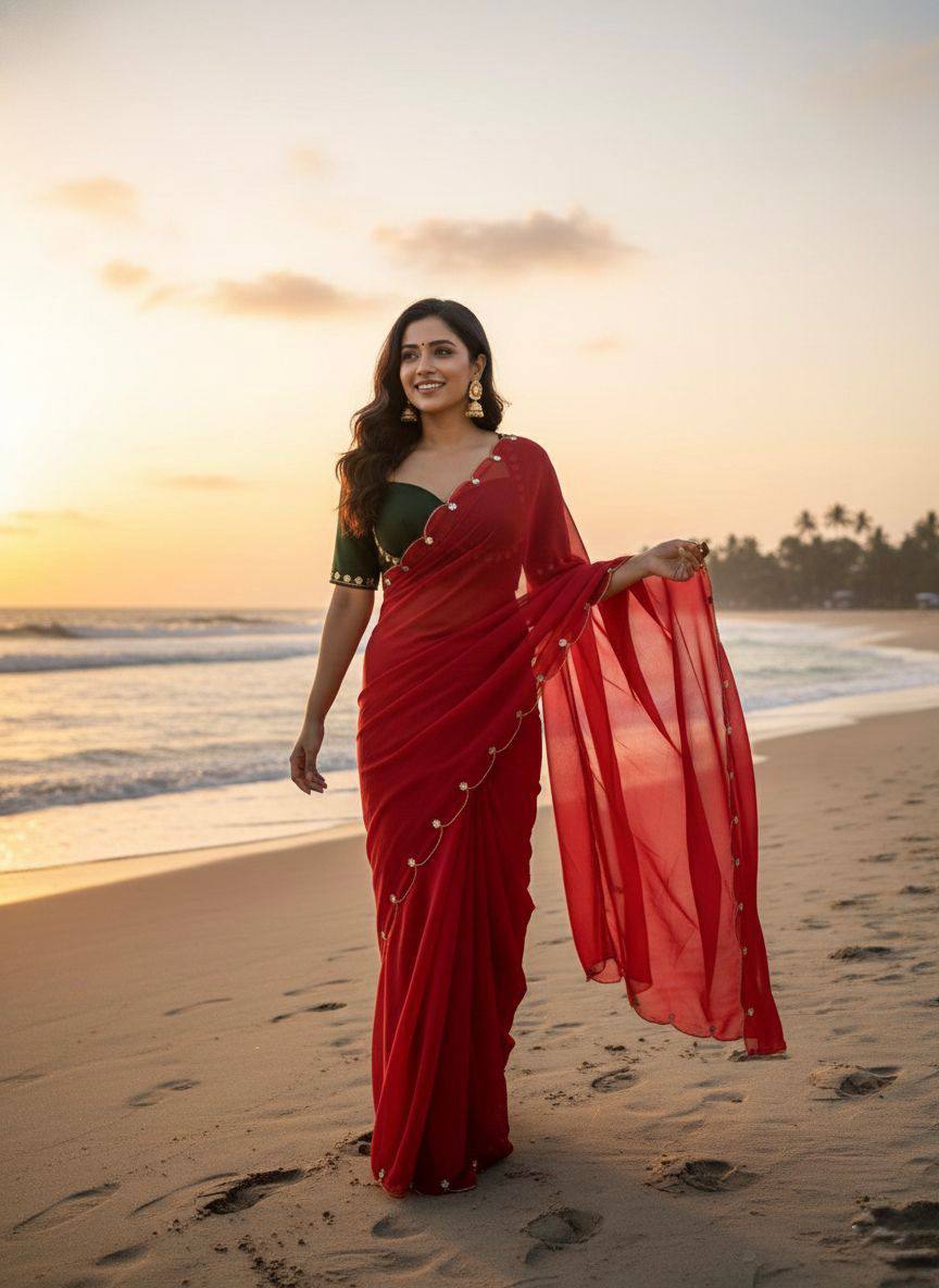 Red Color Designer Faux Georgette with Hand Work Saree