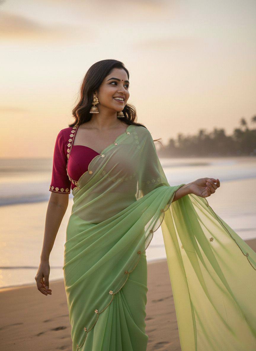 Parrot Green Color Designer Faux Georgette with Hand Work Saree