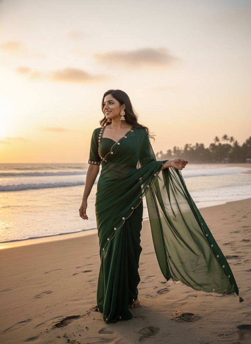 Green Color Designer FauxGeorgette with Hand Work Saree