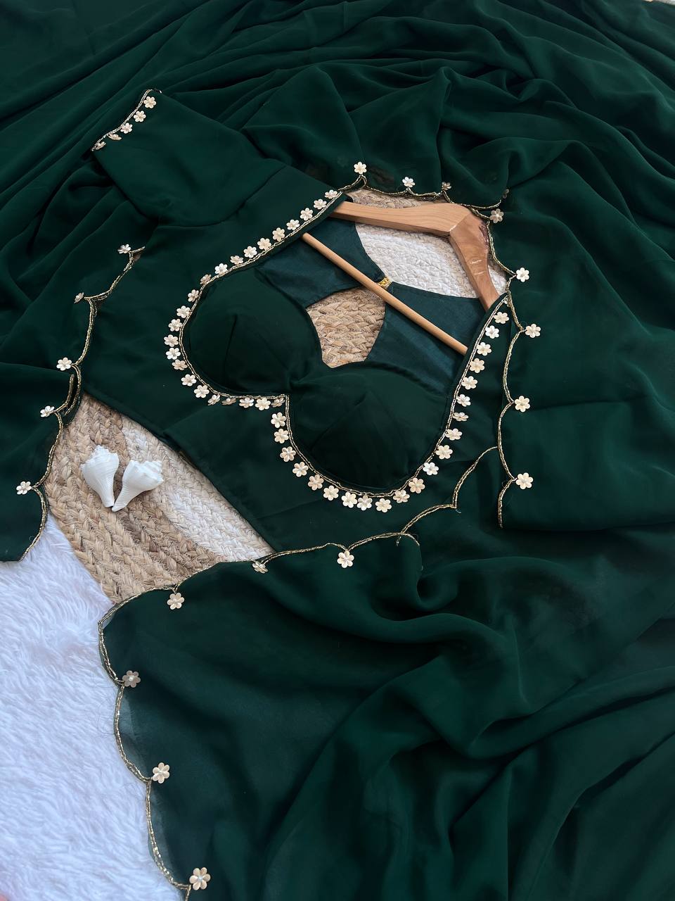 Green Color Designer FauxGeorgette with Hand Work Saree