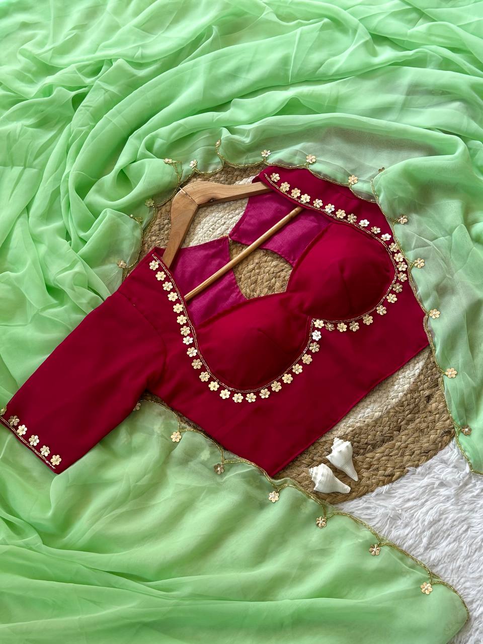 Parrot Green Color Designer Faux Georgette with Hand Work Saree