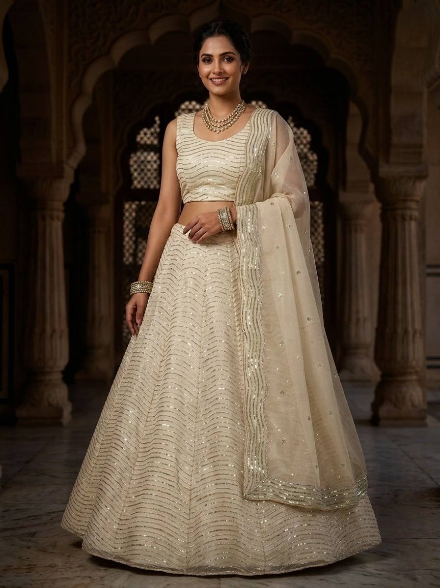 Cream Organza Silk Embroidered Lehenga Choli for Women