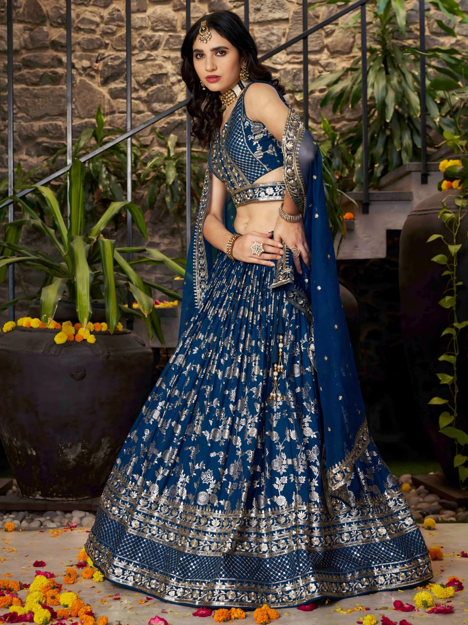 beautifully crafted Navy Blue dola silk jacquard Lehenga Choli