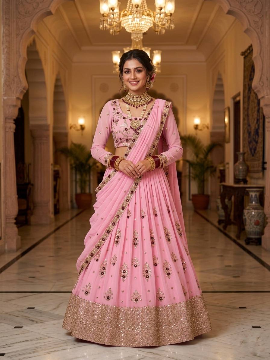 Pink Premium Faux Georgette Lehenga Choli for Women