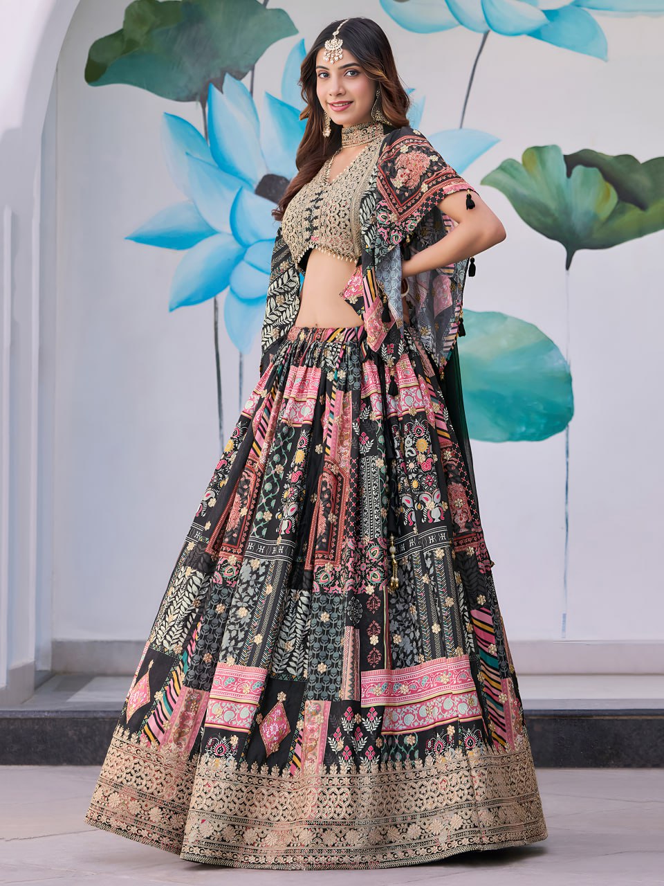Black Multicolor Designer Printed Embroidered Lehenga Choli