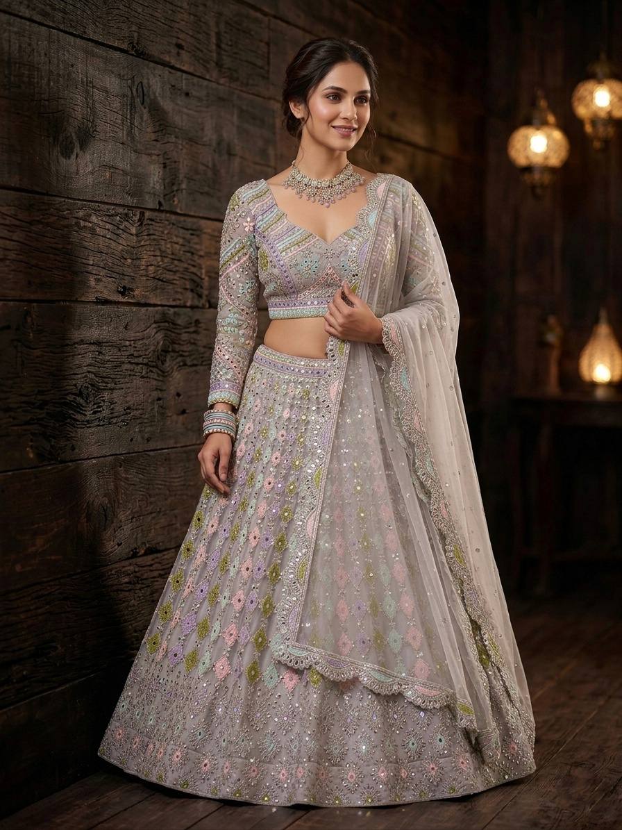 Designer Butterfly Net Real Mirror Embroidered Sequins Lehenga Choli