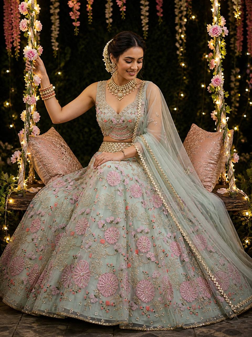 Sky Pink Tabby Silk Pearl Sequins Embroidered Lehenga Choli