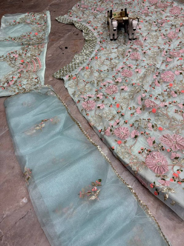 Sky Pink Tabby Silk Pearl Sequins Embroidered Lehenga Choli