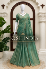 Fendy Silk Saree Sea Green & Peach Pink Scalloped Border Party Wear for Women