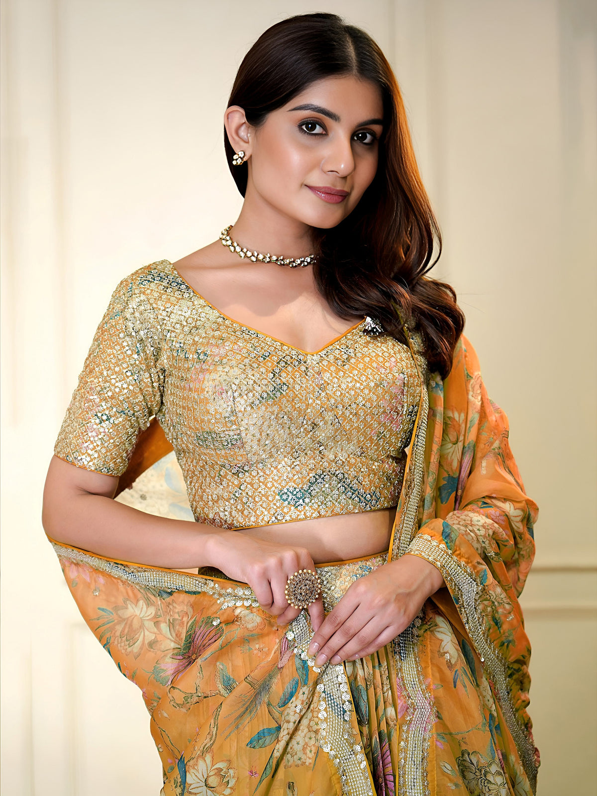 elegant multicolor Organza floral prints Lehenga Choli