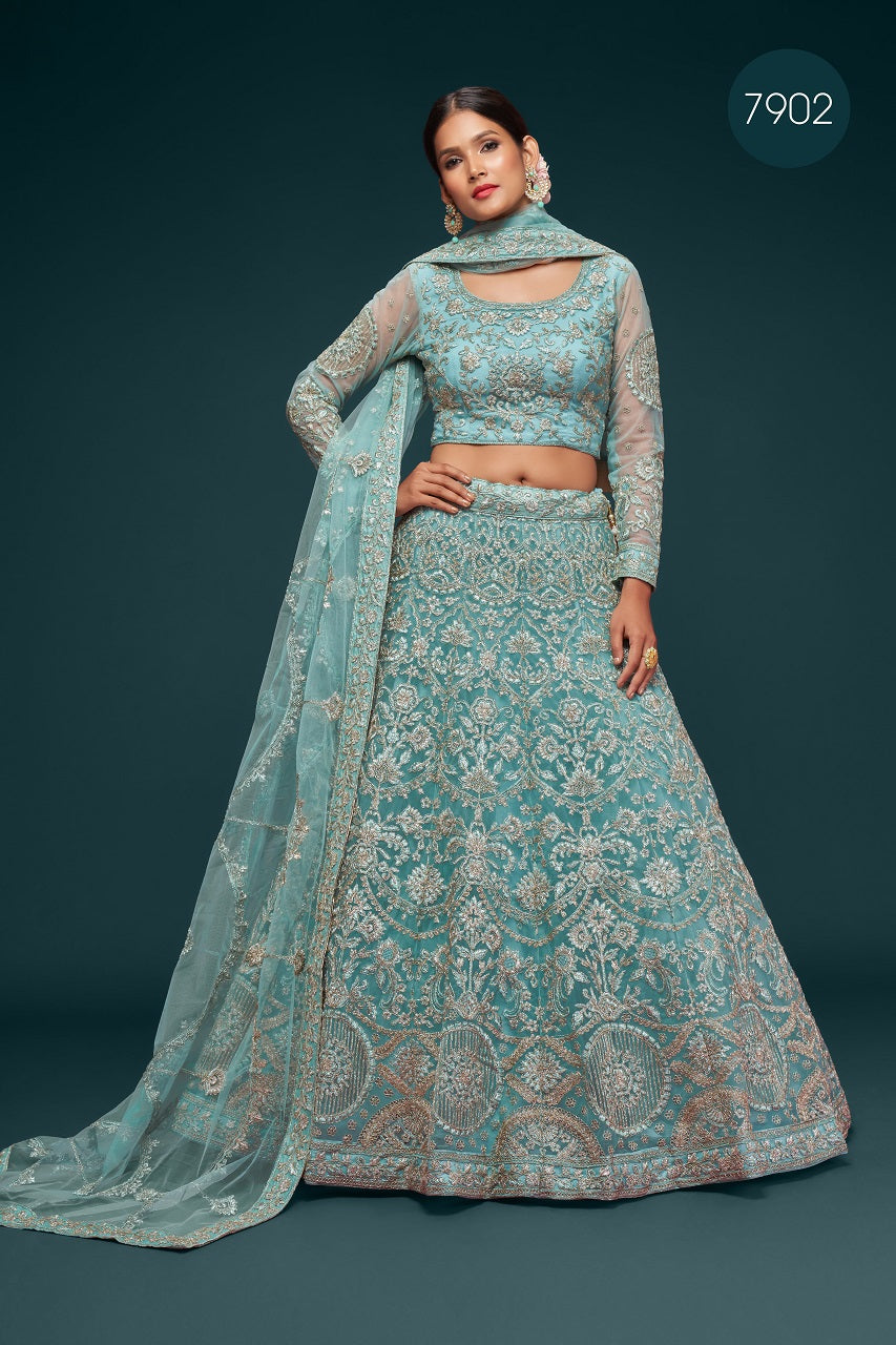 Beautiful Sea Blue Embroidered Soft Net Lehenga - Joshindia