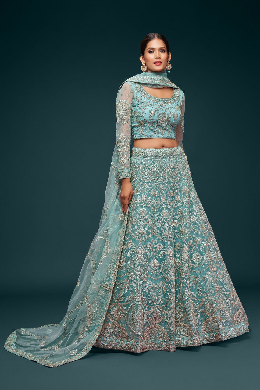 Beautiful Sea Blue Embroidered Soft Net Lehenga - Joshindia