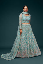 Beautiful Sea Blue Embroidered Soft Net Lehenga - Joshindia