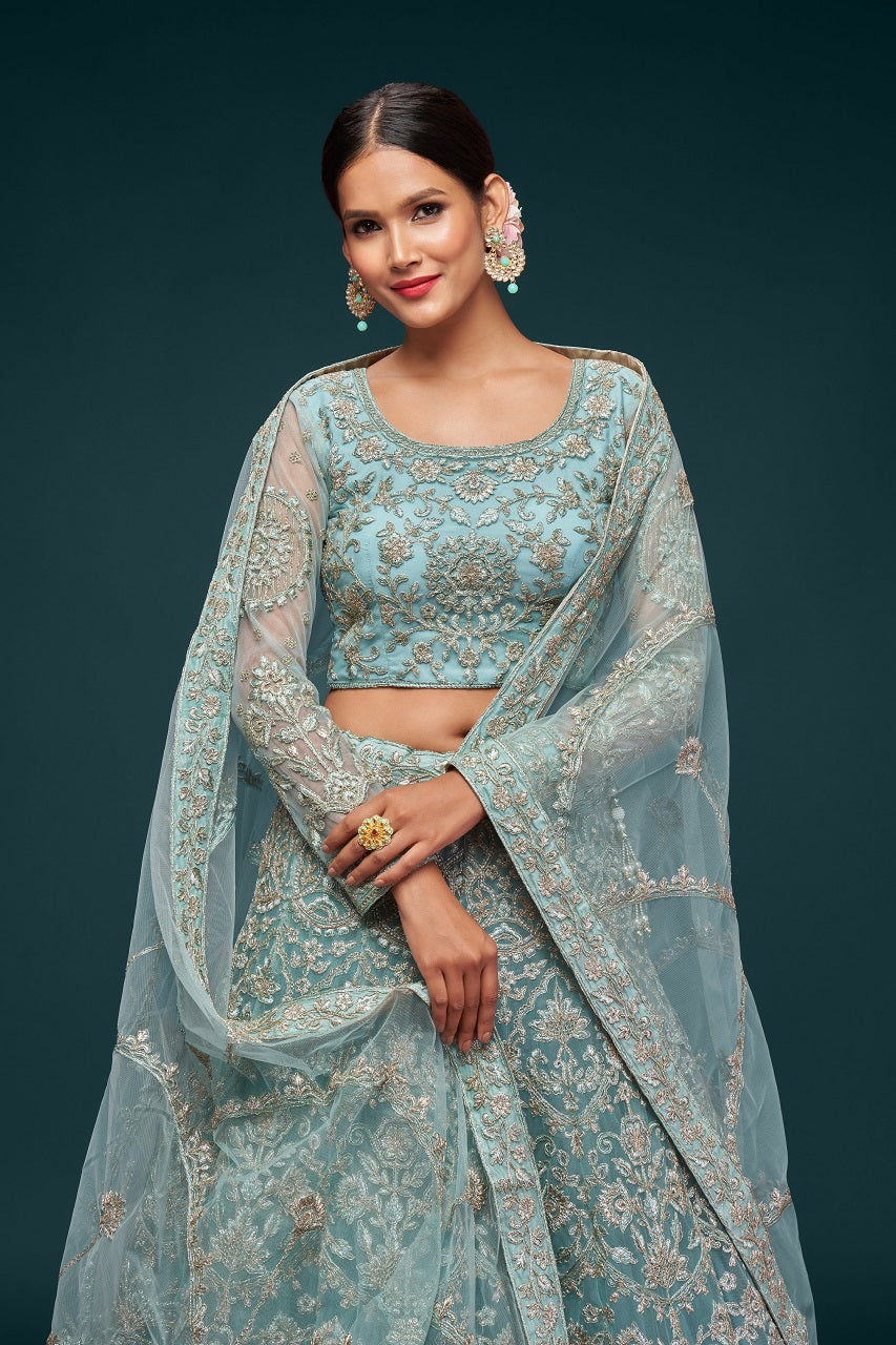 Beautiful Sea Blue Embroidered Soft Net Lehenga - Joshindia