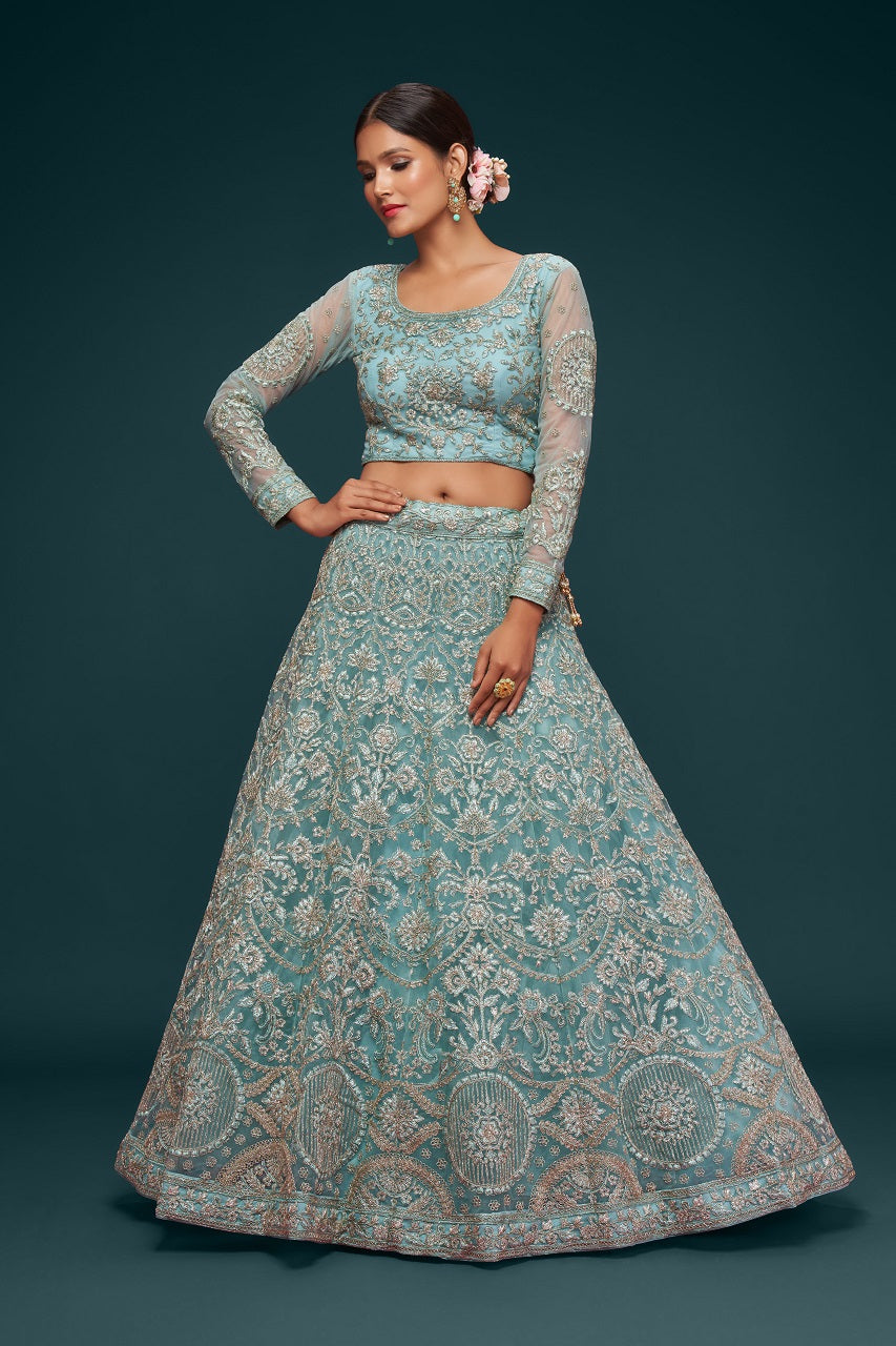 Beautiful Sea Blue Embroidered Soft Net Lehenga - Joshindia