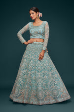 Beautiful Sea Blue Embroidered Soft Net Lehenga - Joshindia