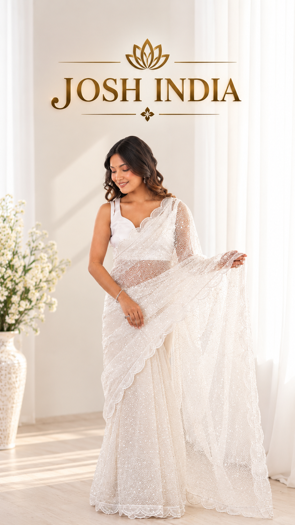Pista Green And WhiteSequins Work Net Saree with Blouse Scalloped Border Party Wear