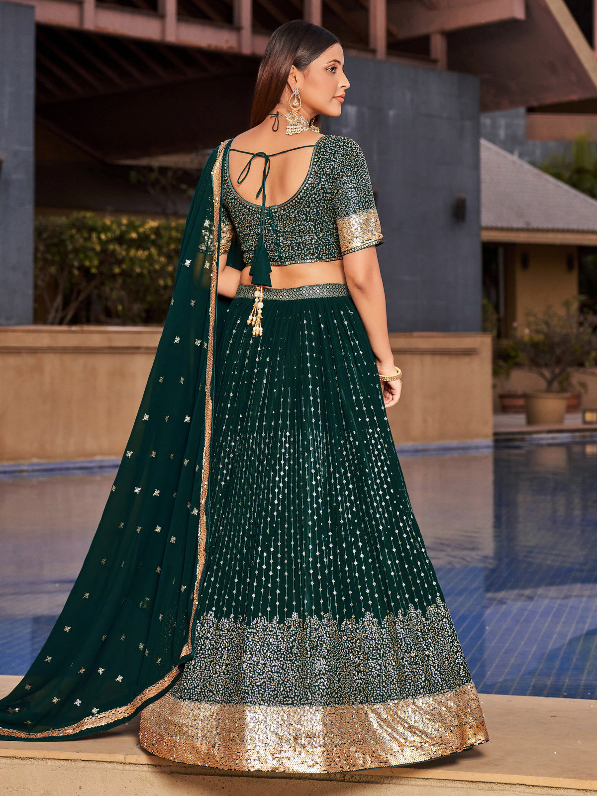 Green Color Georgette Sequins Embroidery Designer Lehenga Choli