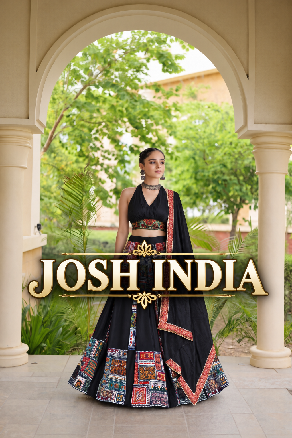Navratri Chaniya Choli Black Patchwork Print Lehenga Choli for Garba Women