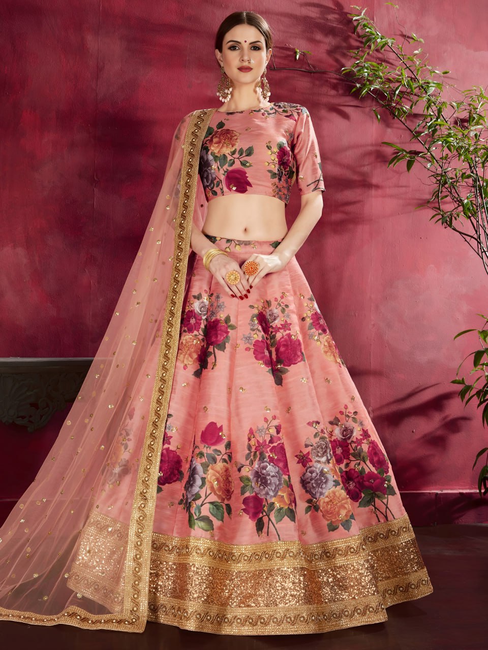 Peach Floral Printed Lehenga with Designer Blouse