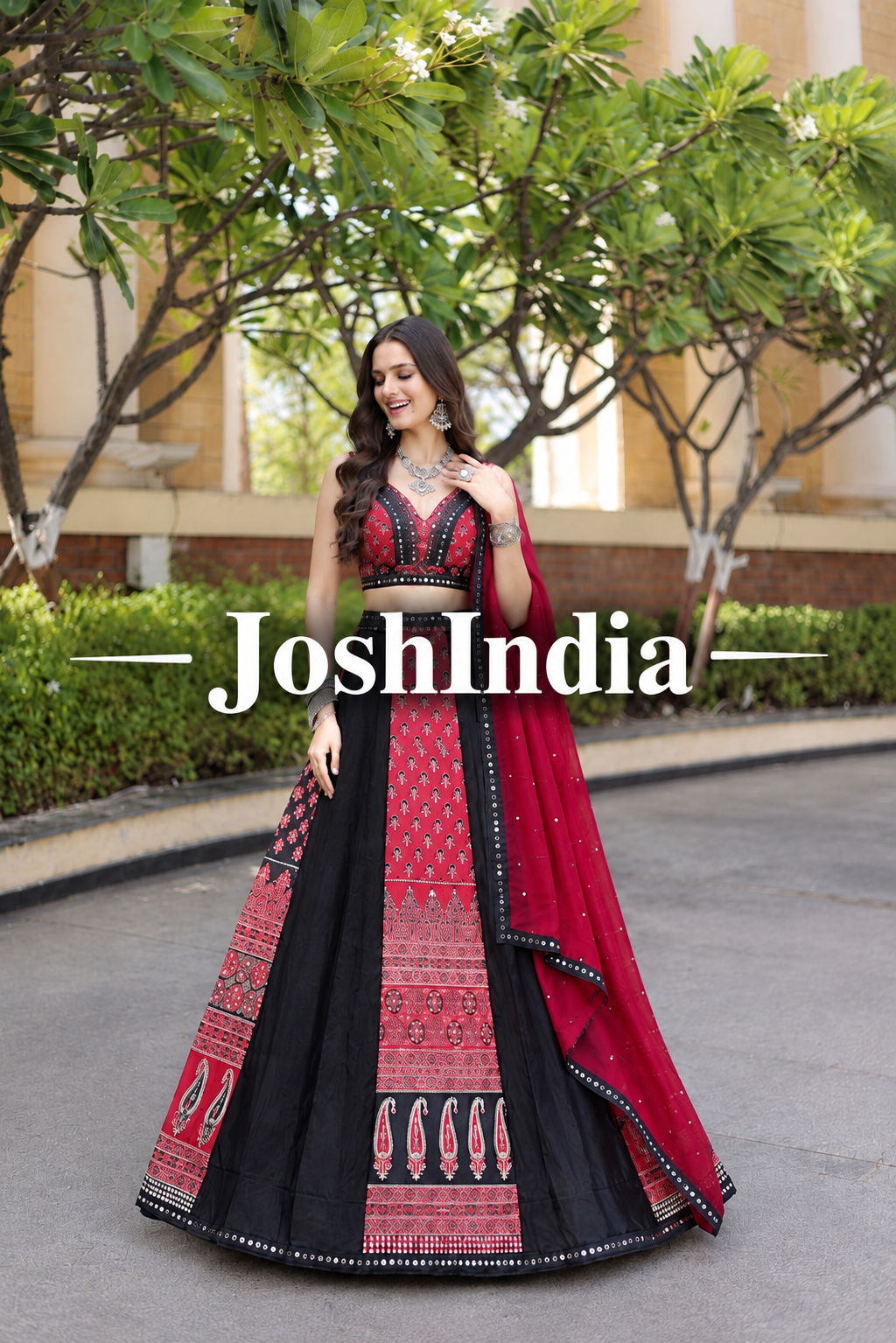 Navratri Chaniya Choli Black Red Printed Semi Stitched Lehenga for Garba