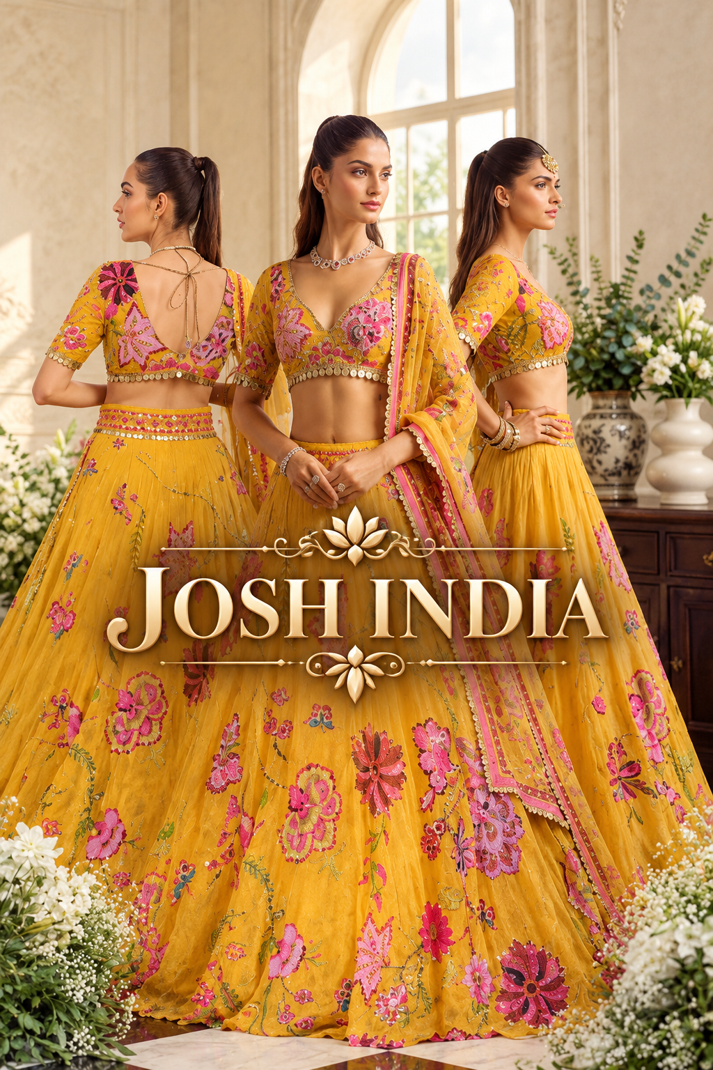 Mustard Yellow Floral Digital Print Georgette Lehenga Choli Sequins Work Haldi