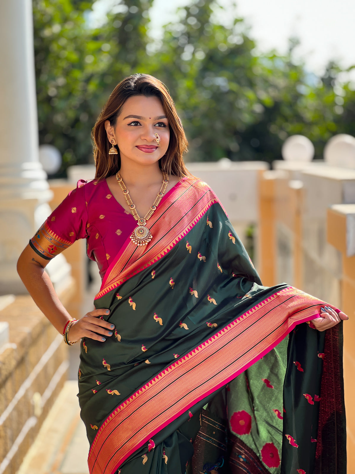 Bottle Green Color Paithani Silk Designer Saree